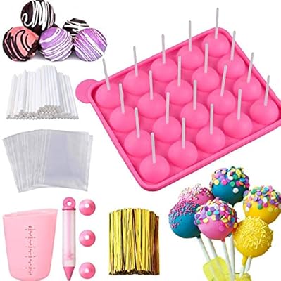 Cake Pop Maker Set - Silicone Lollipop Mold with Lollipop Sticks, Measuring Cup, Treat Bags, Twist Ties, Decorating Pen with 4 Piping Tips, Round Mold for Lollipop, Candy, Jelly, ice and Chocolate