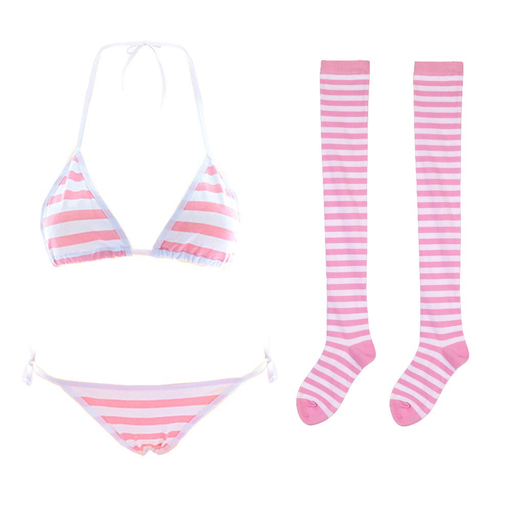 SPORCLO Lindo Sexy Anime lencería Sujetador y Bragas Conjunto Lolita Cosplay Micro Ropa Interior Traje Kawaii para Mujer, Raya Azul, Talla única - Rosa Big +Socks