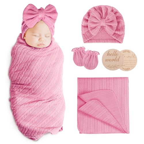 Image of AQOKKA Newborn Receiving Blanket with Bow Hat Mittens Wooden Card Set Wheat-Pattern Newborns Toddler Baby Boy Girl Nursery Swaddle Wrap