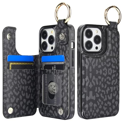 Image of HAOPINSH for iPhone 13 Pro Wallet Case with Card Holder, Black Leopard Cheetah Print Back Flip Folio PU Leather Kickstand Card Slots Case, Finger Grip Ring Double Magnetic Cover 6.1 inch