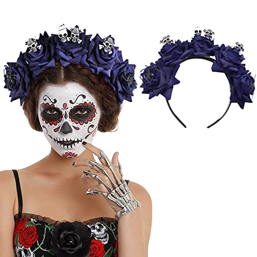WELROG Diadema de Halloween - Diadema del Día de los Muertos Diadema de Calavera Gótica Vestido de Lujo para Mujer Accesorios para el Cabello de Halloween Rosas Rojas y Negras Oscuras Accesorio Cover