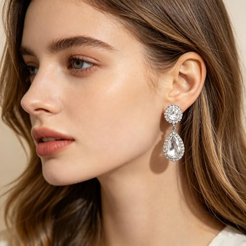 Elegant Crystal Teardrop Dangle Drop Clip on Earrings for Women (White) - image 2