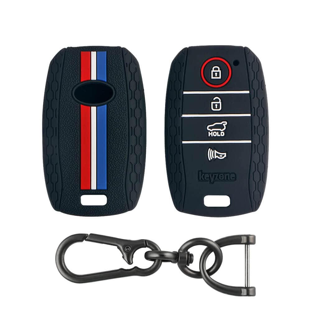 Keyzone® Striped Silicone Key Cover & Keychain Compatible for Kia Seltos 4 Button Smart Key.(Black with Zinc Alloy)