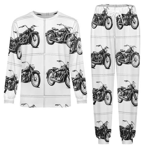 Black And White Motorcycle Soft Mens Pajamas Set Round Neck Pullover Long Sleeve And Pants Loungewear 2 Piece Pjs Set3