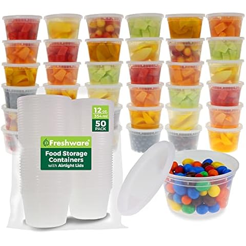 Freshware Food Storage Containers [50 Set] 12 oz Plastic Deli Containers with Lids, Slime, Soup, Meal Prep Containers | BPA Free | Stackable | Leakproof | Microwave/Dishwasher/Freezer Safe Cover