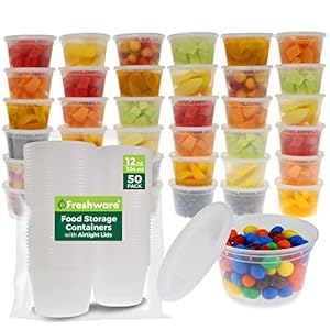 Freshware Food Storage Containers [50 Set] 12 oz Plastic Deli Containers with Lids, Slime, Soup, Meal Prep Containers | BPA Free | Stackable | Leakproof | Microwave/Dishwasher/Freezer Safe