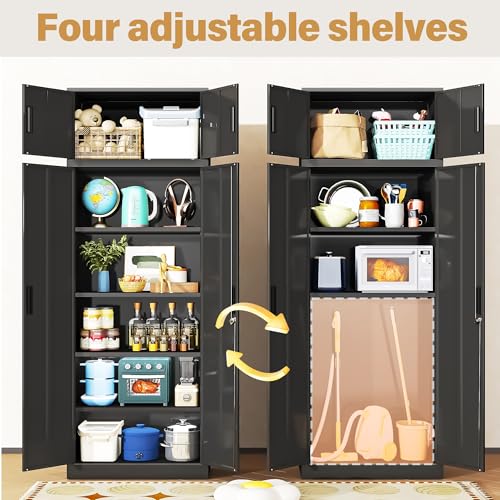 Image of Metal Storage Cabinet, 87 Inch Tall Locking Cabinet with Top Cabinet, Heavy Duty Garage Cabinet with Doors and 4 Adjustable Shelves, Pantry Cabinets for Office, Garage, Home-Black