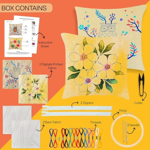 Image of picknMAKE Pack of 2 DIY Cushion Cover Hand Embroidery Kit for Beginners & Adults |Cross-Stitch Pillow Covers with Digitally Printed Designs, Pom-Poms & All Materials Included | 16 inchx16 inch