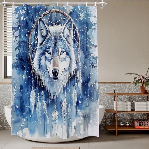 TheBlackSpot Boho Rustic Wolf Shower Curtain Sets Animal Dream Catcher Bath Curtain Decor Sets with Hooks 60W × 72H inches White Blue