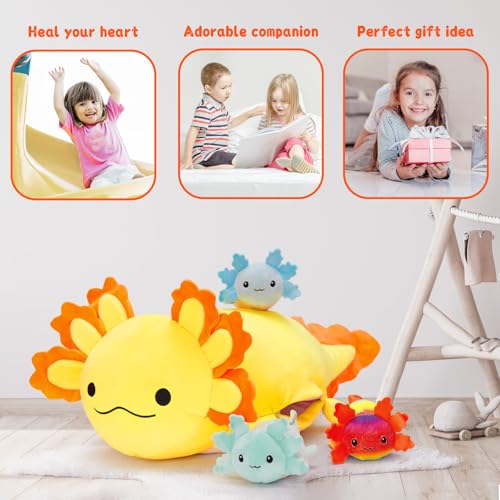Image of MaoGoLan 4Pcs Giant Axolotl Plush with 3 Babies Inside-23.5 inch Large Ultra Soft Axolotl Stuffed Animals Throw Pillow-Squishy Stuffed Axolotl Plush Collection Gift for Axolotl Lover,Kids,Teens,Yellow