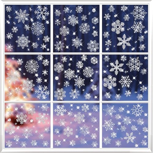 207PCS Glitter Snowflake Window Clings - Christmas Window Clings for Glass Windows, Double Sided Reusable Static Christmas Clings for Winter Wonderland Decorations (9 Sheets)