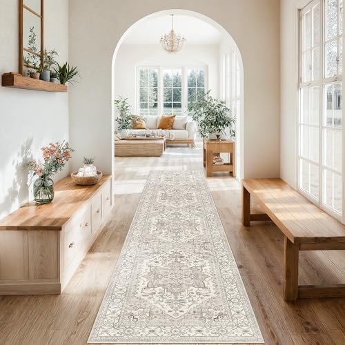 Madane Runner Rugs for Hallway 2x10 Long Washable Non-Slip Hallway Runner Rug Low-Pile Stair Kitchen Runner Soft Throw Carpet for Entrance Living Dining Laundry Room (Beige/Brown, 2 x 10)