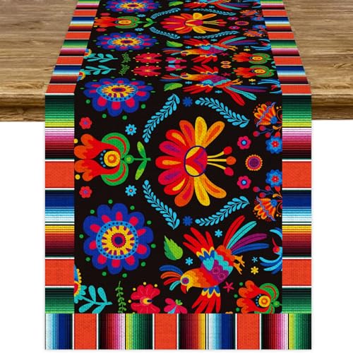 Linen Mexican Fiesta Table Runner Decoration 72×13inch Long Fifth of May Dia De Los Muertos Runners Farmhouse Rustic Runner Day of The Dead Decor and Supplies for Kitchen Dining Home Table Decoration