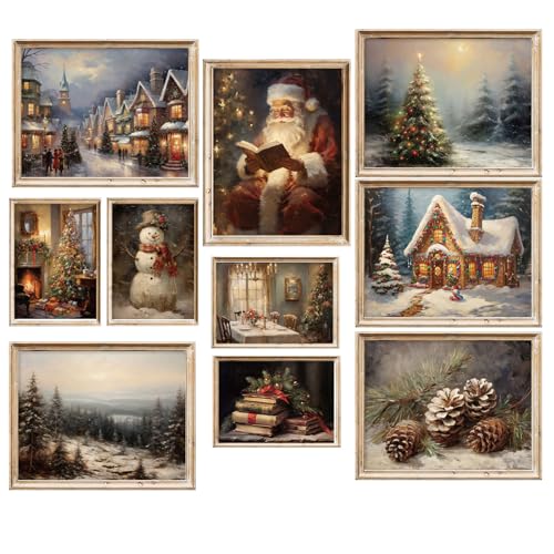 Whaline 10 Sheet Vintage Christmas Wall Art Prints Snow Scene Santa Xmas Tree Posters Retro Warm Seasonal Paper Wall Arts for Winter Holiday Living Room Bedroom, Unframed