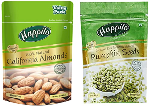 Image of Happilo 100% Natural Premium Californian Almonds Value Pack Pouch,Dried,500g & Premium Raw Authentic Pumpkin Seeds, 200g