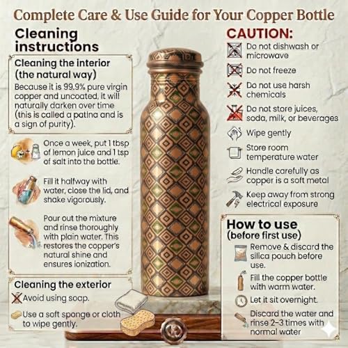 Image of VIRGIN Foodgrade 99.9% Pure Copper Water Bottle- Leakproof, Joint Free, No Lead, BPA-Free - Ayurvedic Health Benefits- Made in India - Traditional Boho Print (950 mL)