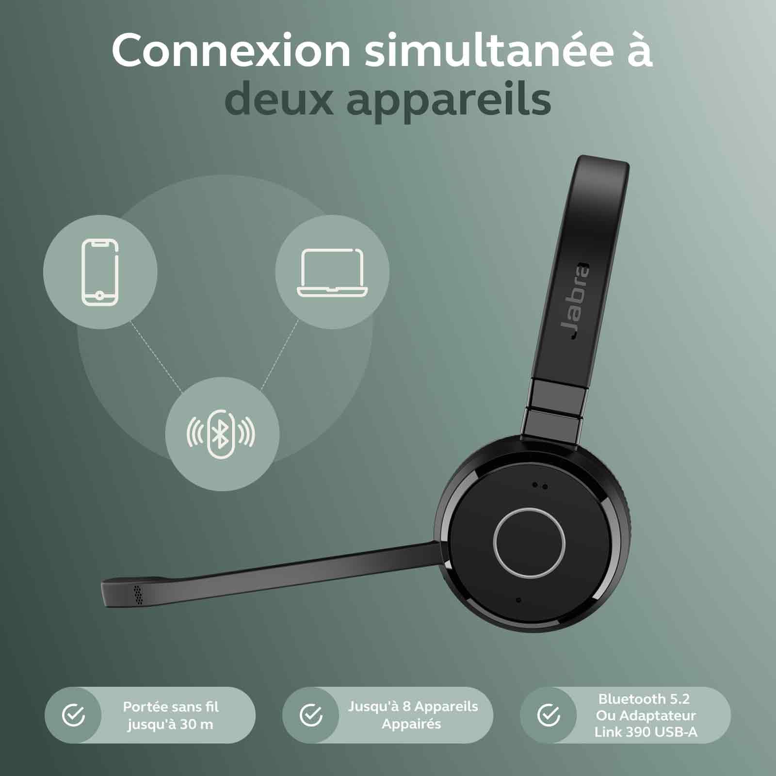 Jabra Evolve 65 TE Casque Stéréo Bluetooth Sans Fil (3e Édition 2025), Micro Antibruit, Connexion Double Appareil, Batterie 16h, Adaptateur USB-A, Certifié MS Teams, Compatible Multi-Plateformes, Noir