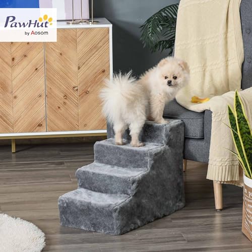 PawHut Hundetreppe 4 Stufen 44 cm Hoch Haustiertreppe für Kleine Hunde Katzentreppe Hunderampe mit Waschbar Bezug Einstiegshilfe für Bett, Sofa, Couch Hellgrau