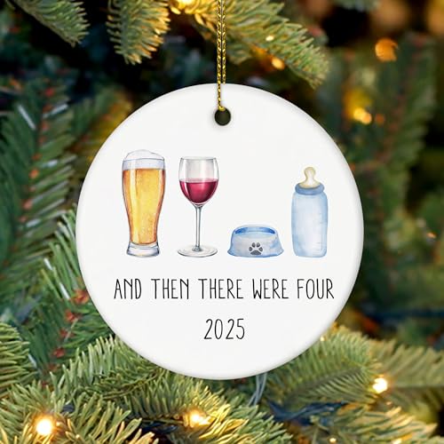 Image of and Then There were Four Ornament, Family of Four with Dog Ornament 2025, First Time Parents, from Dog Parent to Baby Christmas Ceramic