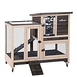 Aivituvin Upgrade Rabbit Cage Indoor Bunny Hutch with Run with Two Deeper No Leak Trays - 4 Casters Include for Outdoor (Coffee)
