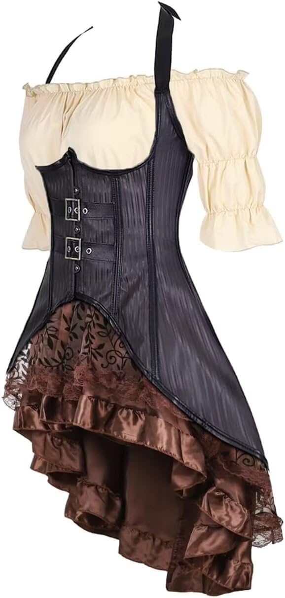 Jutrisujo Underbust Corset Long Top Khaki Blouse Dress 3 Set Outfits for Women Renaissance Pirate Gothic Halloween