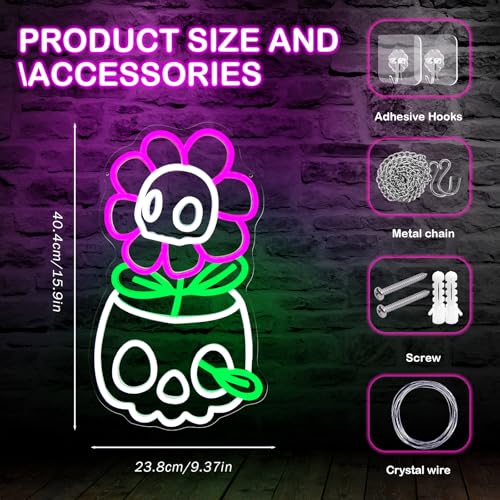 Image of Skull Neon Sign for Wall Decor Halloween LED Sign Dimmable Cute Skull Flower Neon Sign for Boys Girls Bedroom, Game Room, Living Room, Man Cave, Halloween Party Decor Gifts