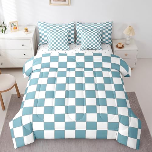 Image of Erosebridal White Blue Checkered Boys Twin Comforter Set with Sheets 7 Piece Buffalo Plaid Grid Kids Bedding Set with Sheets Teen Men Checkerboard Bed in A Bag Aesthetics Gingham Bed Set