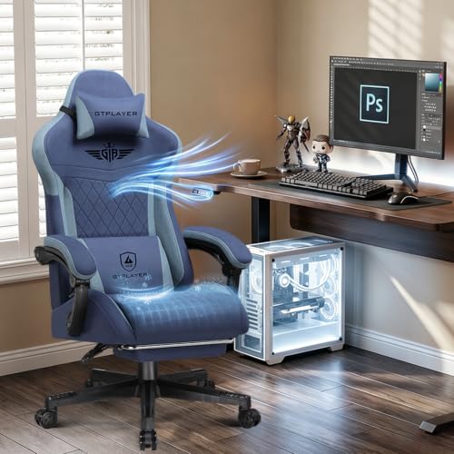 Image of GTPLAYER Gaming Chair with Footrest, Ergonomic Office Chair 400lbs Heavy Duty, Big and Tall Computer Desk Chair with Lumbar Support and Headrest, Breathable Tech Fabric, 90-155 Recline Blue