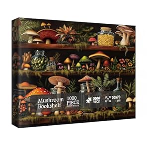 Beautiful Mushroom Bookshelf Puzzles for Adults 1000 Pieces Nature, Colorful Plant Bottle Art Jigsaw Puzzles, Pretty Scenic Painting Fantasy Puzzle