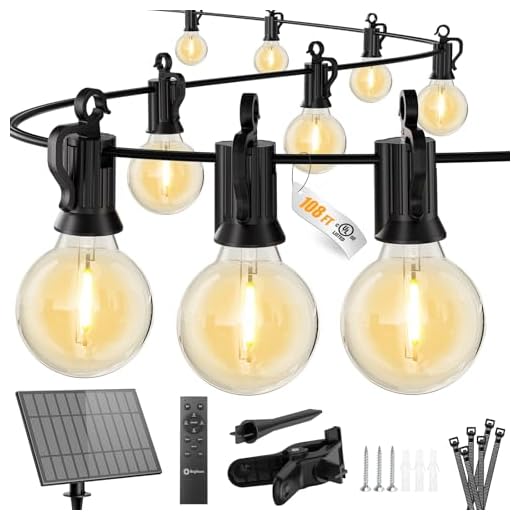 Brightown 108FT Solar String Lights Outdoor with Remote and 52 LED Shatterproof Bulbs, Dimmable & Timable, 3 Light Modes, Solar Patio String Lights Outdoor for Cafe, Garden, Deck, Outside Wedding