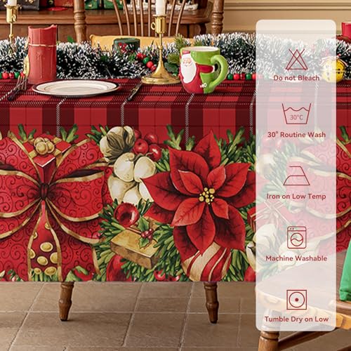 Softalker Christmas Rectangle Tablecloth Red Checkered Flower Xmas Table Cloths, Washable Polyester Fabric Table Covers for Dining, Parties & Holiday Decor(60 x 84 Inch) – Image 6