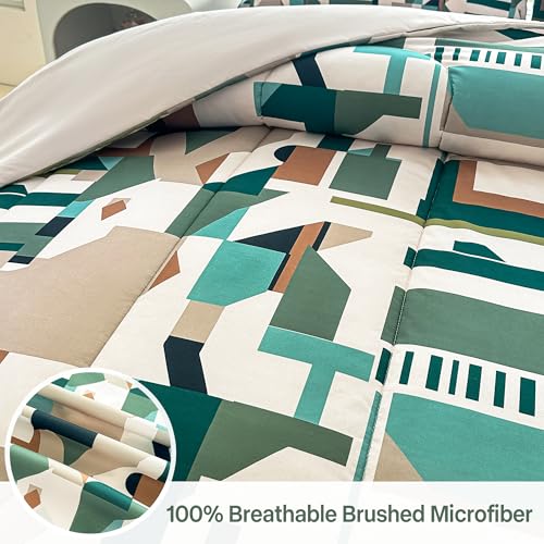 Image of lasoftan Geometry Queen Comforter Set with Sheets, 7 Piece Luxury Vintage Bedding, Soft Microfiber Bed in a Bag, Cozy Lightweight Bed Set, Brown Green Geometry