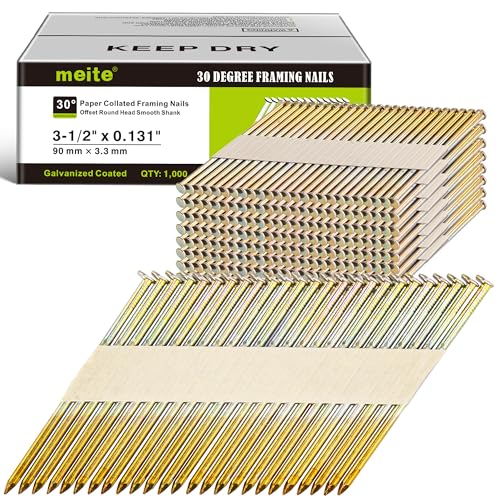 meite 30 Degree Framing Nails 3-1/2 Inch Electro-Galvanized Paper Collated Nails for 30-34 Degree Framing Nailer, Offset Round Head Smooth Shank Framing Nails for Wall Stud Sheathing Decking 1,000PCS