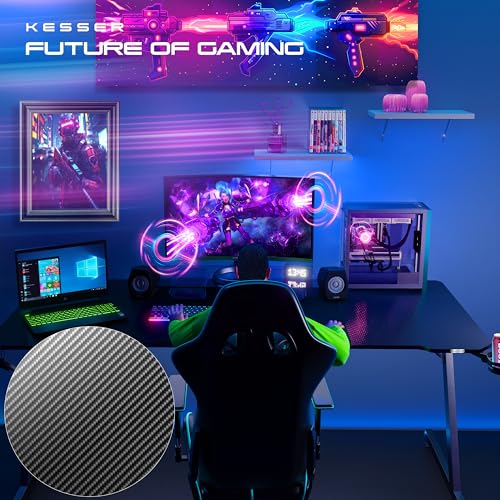 KESSER® Gaming Tisch 180cm x 80cm | Z-Form Gamer Schreibtisch | Kopfhörerhaken & Kohlebeschichtung | Ergonomischer PC Computertisch | Stabiler Tisch mit Getränkehalter Schwarz – Bild 5