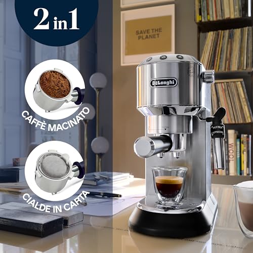 De'Longhi Dedica EC685.M Macchina Caffè Espresso Manuale, Caffè Polvere o Cialde E.S.E., Montalatte classico per Cappuccini, Spegnimento Automatico, Serbatoio 1L, Filtro Singolo/Doppio, Metal - immagine 3
