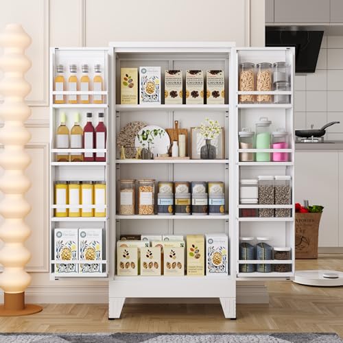Image of PAOFIN 47 inch Kitchen Pantry Cabinet, Metal Storage Cabinet with 3 Adjustable Layer Shelves, 8 Door Shelves, Buffet Sideboard for Living Room, Kitchen, White