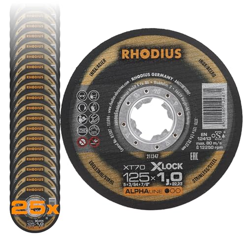 RHODIUS XT70 X-LOCK | 25 Stück Ø 125 mm x 1,0 mm | Trennscheibe Metall | Extra dünn | Made in Germany | für Winkelschleifer, Edelstahl, INOX, Stahl, Eisen, Hartmetall