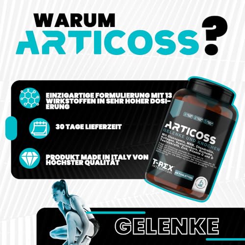 ARTICOSS Nahrungsergänzungsmittel für Gelenke, Knochen und Knorpel mit Glucosamin, Chondroitin, MSM, Teufelskrallen, Vitamin C und D, Kollagen und Hyaluronsäure. 60 Tabletten.