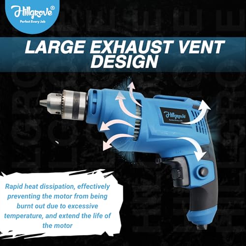 Image of Hillgrove HGCM1091M3 500W Power Drill Machine with 6Pcs Wood Working Hole Saw Drill Bits for Making Holes in Metal /Wood /Concrete with Reverse Rotation and Variable Speed Pistol Drill (10mm Chuck Size)