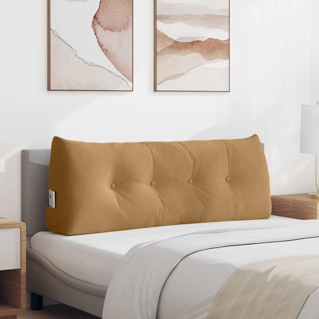 Rückenkissen 120 x 24 x 50 cm Samt Bett Keilkissen Braun | Ergonomisches Stützkissen für Schlafzimmer und Sofa, weicher Bezug mit Seitentasche für Brille oder Fernbedienung.