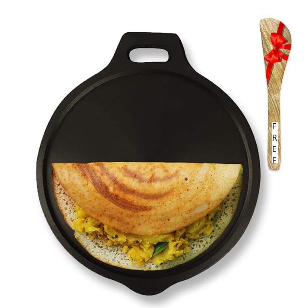 Cast Iron Tawa with Free Wooden Spatula for Dosa/Chapathi | 27.6cm/10.8 inch, 2.8kg | Induction Friendly Griddle
