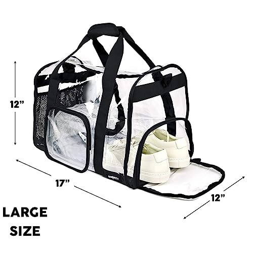 Large Heavy Duty Clear Duffel Bag with Shoes Compartment, Stadium Approved Clear Gym Bag with Adjustable Strap, Clear Tote Handbag for Home, Work, Concerts, Sports Events-Black4