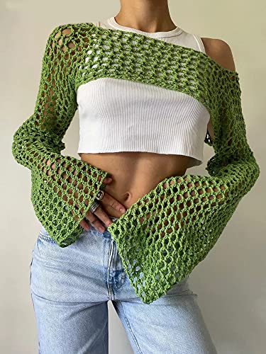 Image of PICPUNMAK Women's Crochet Shrug Sweaters See Through Tops Mesh Cover Up Top Knit Bolero Sweater for Women Y2k Tops Green