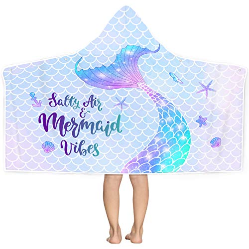 Bonsai Tree Mermaid Kids Hooded Beach Towel, Mermaid Tail Microfiber Hooded Poncho Towel For Girls 30”X50”, Mermaid Scales Pink Soft Absorbent Bath Towels Bathrobe With Hood For Swin Pool #TOP22