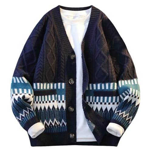 Autumn Winter V-Neck Simple Jacquard Versatile Loose Color Block Warm Knit Cardigan