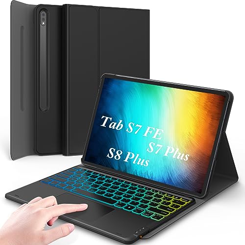 Image of Greenlaw Samsung Galaxy Tab S7 Fe (5G) Case With Keyboard, Tab S8 Plus S7 Plus, Diy 7 Color Backlit, Smart Touchpad, Detachable Magnetic Keyboard Case With S Pen Holder, Black - Bluetooth