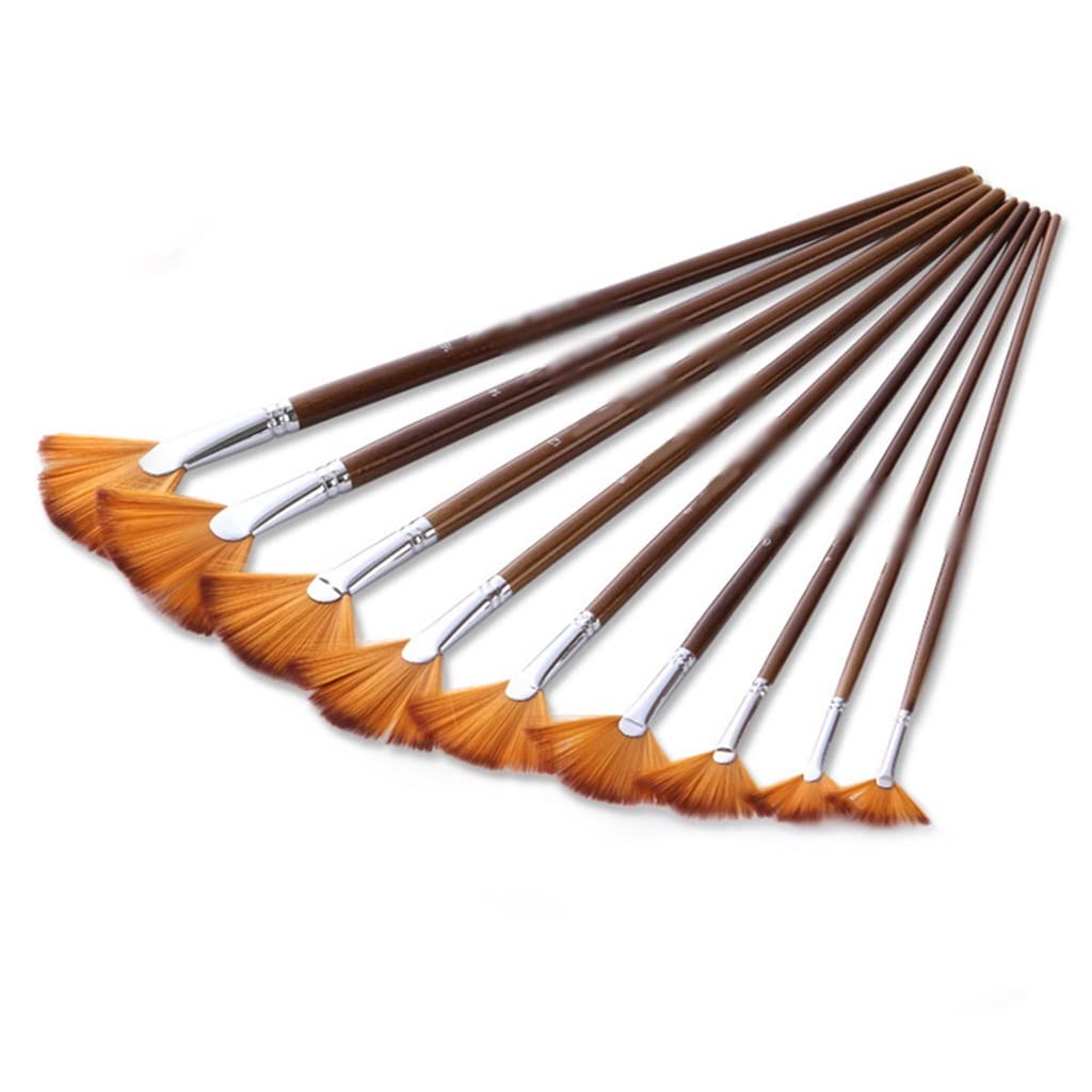 DUYHBAWRS 9 Pieces Fan Brushes Set Nylon Hair Wood Long Handle Paint Brush for Acrylic Watercolor Oil Painting Art Supplies for Artist