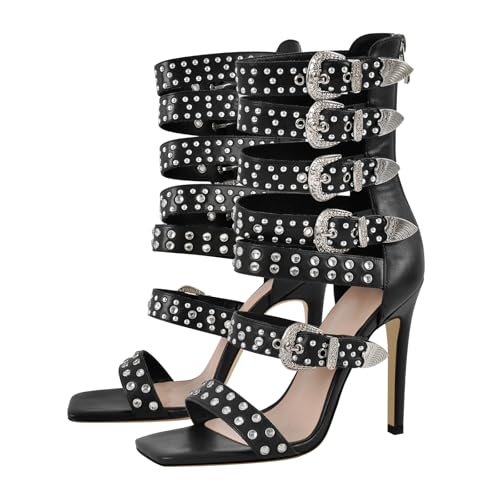 VERISSON Square Toe Rhinestone Stiletto High Heel Sandal Boots for Women – 11 cm Crystal Stiletto Heels Rivet Studded Buckle Bands, Summer Sandals with Backside Zipper Design3