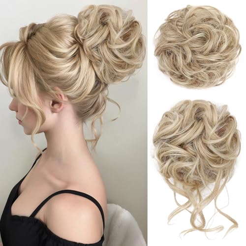 HMD Messy Bun Hair piece 2PCS Curly Wavy Hair Bun Hair Scrunchies for Women Synthetic Tousled Updo Hair Pieces Curly Wavy Fake Hair Bun Extensions for Daily Use