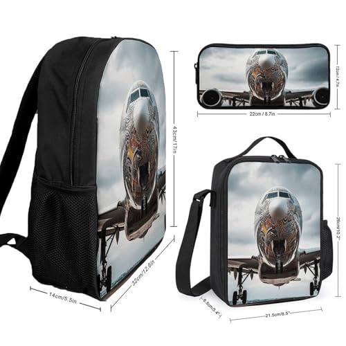 3 Piece Backpack for Women Men Lightweight Causal Daypack Shoulder Bag Set with Insulated Lunch Bag And Pencil Case Organizers Airplane Art2